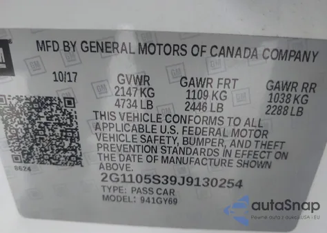 2018 Chevrolet Impala 1Lt from USA, damaged, VIN 2G1105S39J9130254